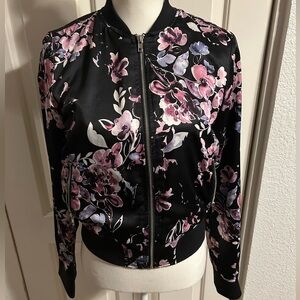 A.N.A  A New Approach Satin Bomber Jacket Floral Black Purple Pink Zip Size XS